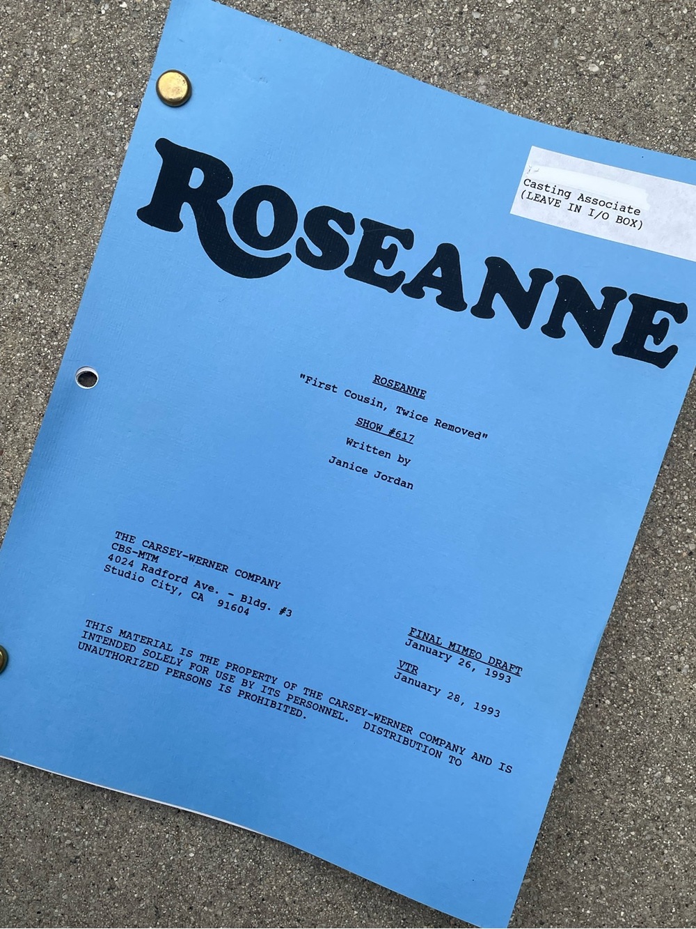 Roseanne Vtg 1993 Production Used Final Draft Script First Cousin Twice Removed